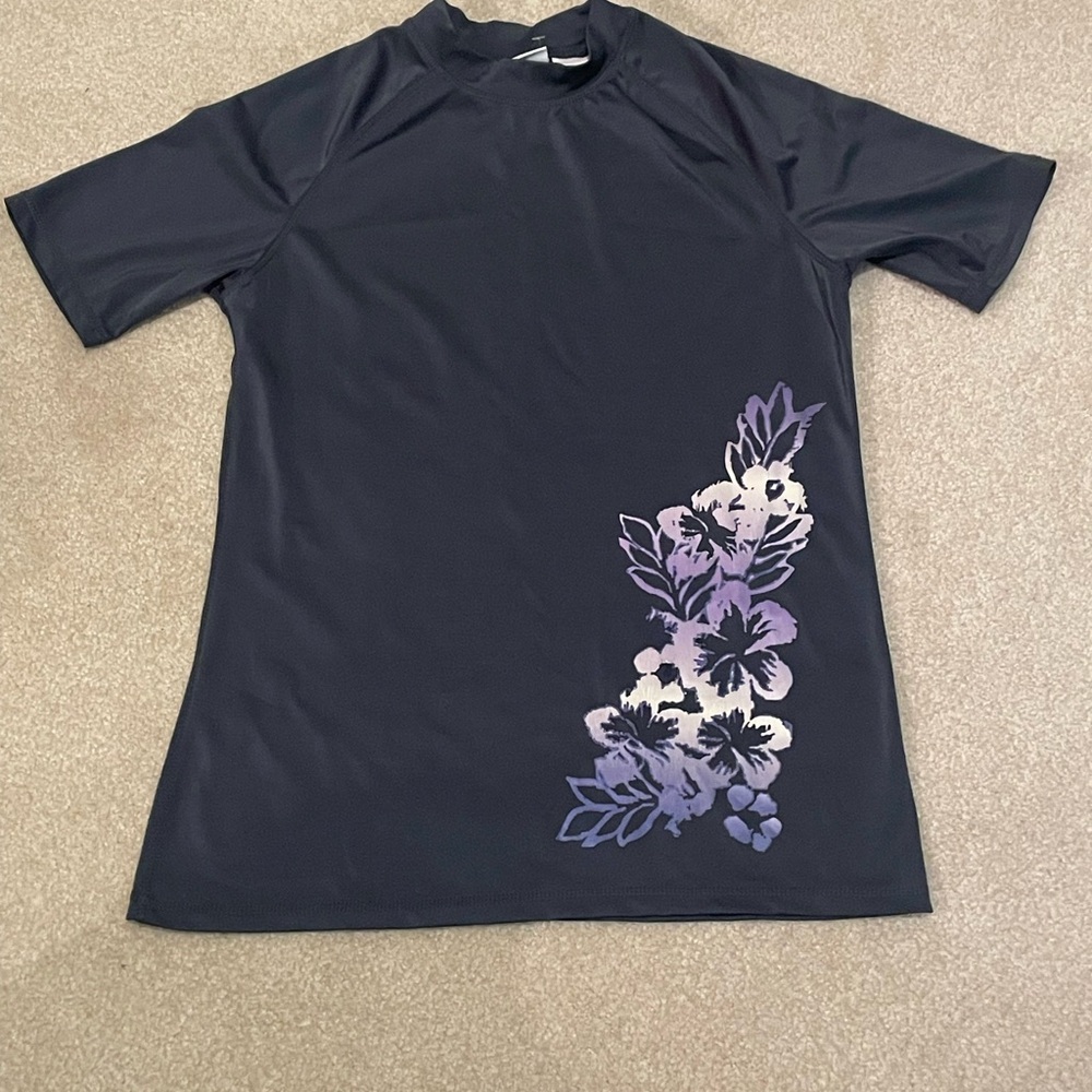 Kanu Surf Women's Swim Rash Guard- Blue with Purple Floral Design